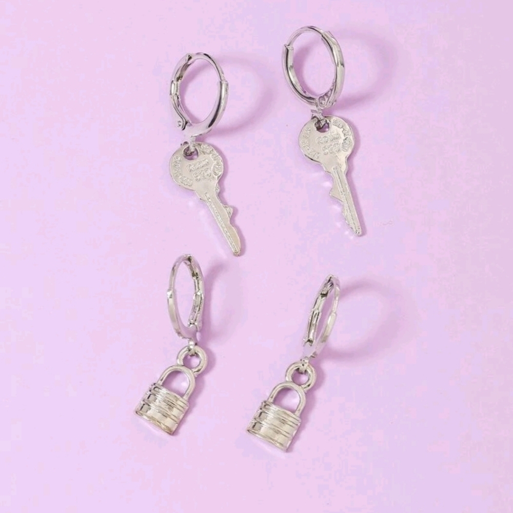 2pairs Key Lock Round Drop Earrings